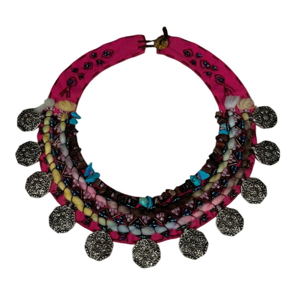 Boho Beaded Fabric Collar Necklace Embellished Coin Multicolor Pink Festival - Picture 2 of 7
